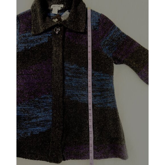 WinterSilks Y2K Wool Silk Lined Knit Cardigan L Gray Blue Purple Colorblock NWT - Picture 8 of 10